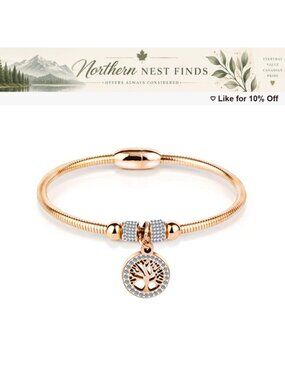 Rose Gold Plated Stainless Steel Tree of Life Bangle Bracelet Magnetic Clasp